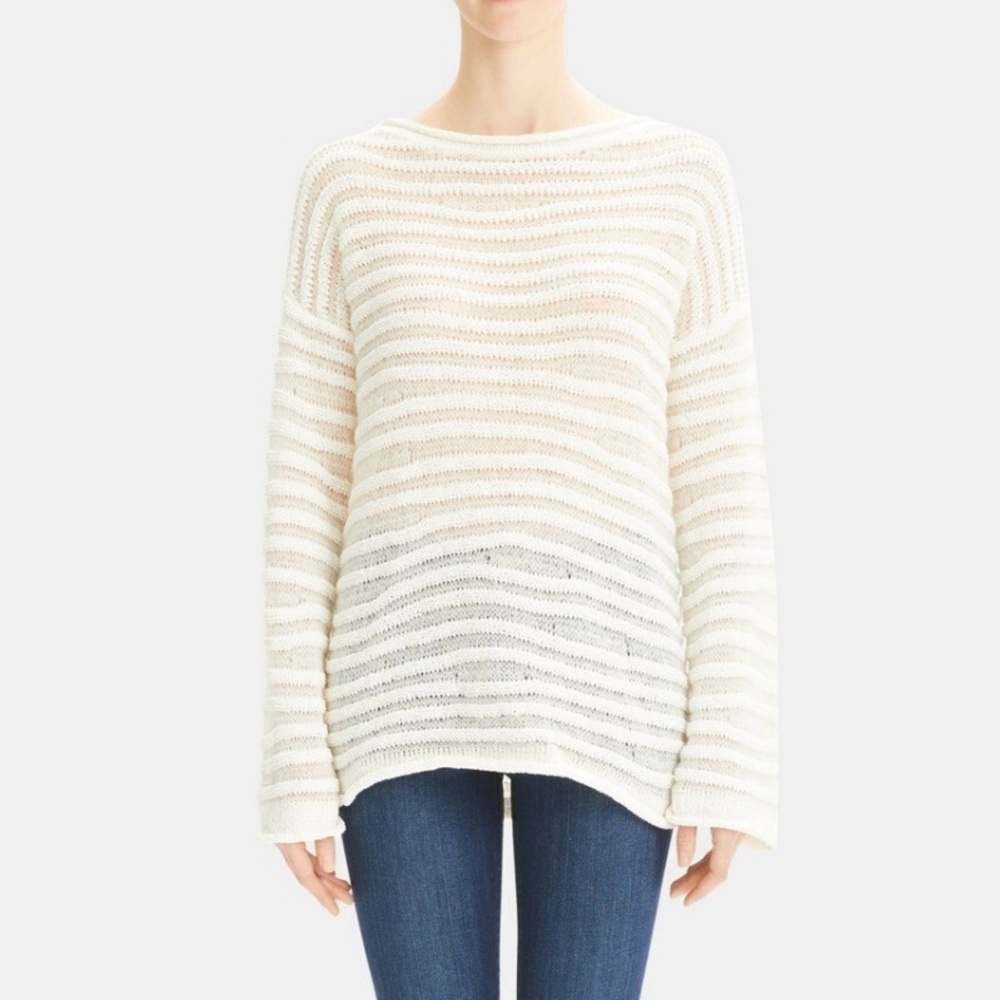 NEW Theory Links Sughero White Striped Pullover Sweater J0614707 Size Medium
